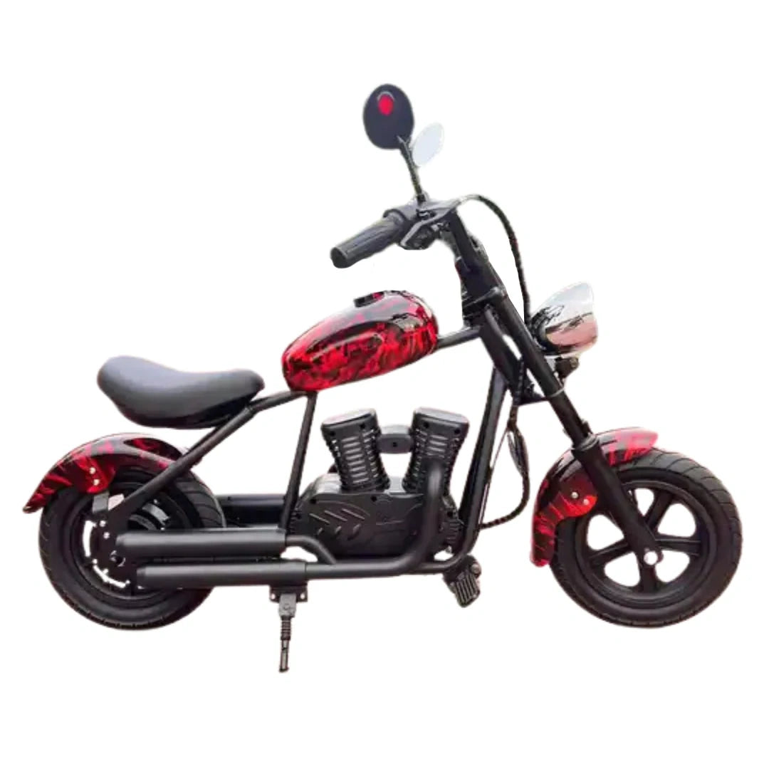 Black and red toy motorcycle on a white background