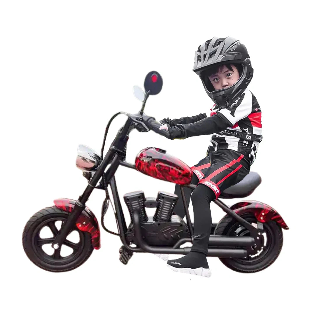 Child wearing a helmet sitting on a small motorcycle with red accents on a white background
