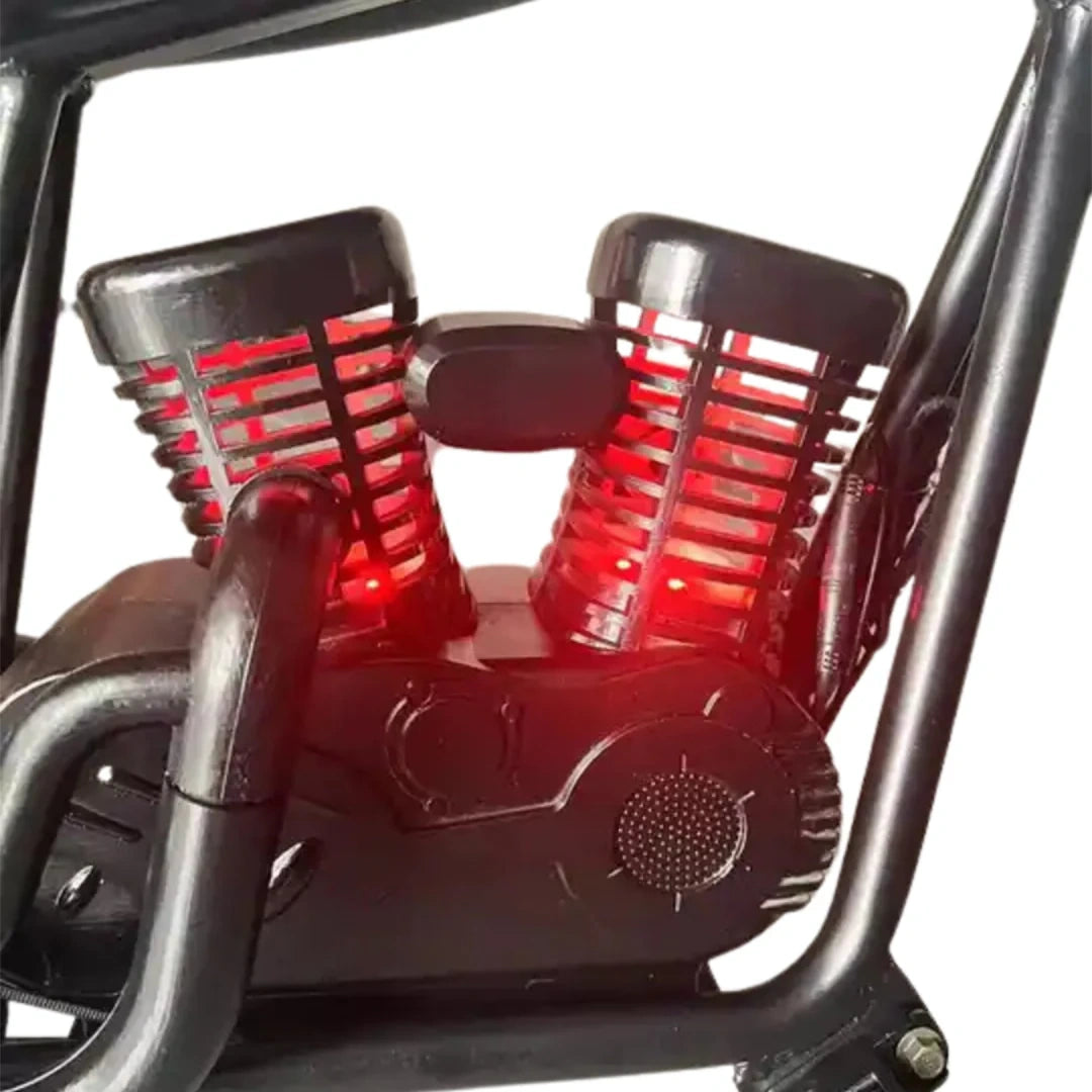 Close-up of a motorcycle with red brake lights on a white background