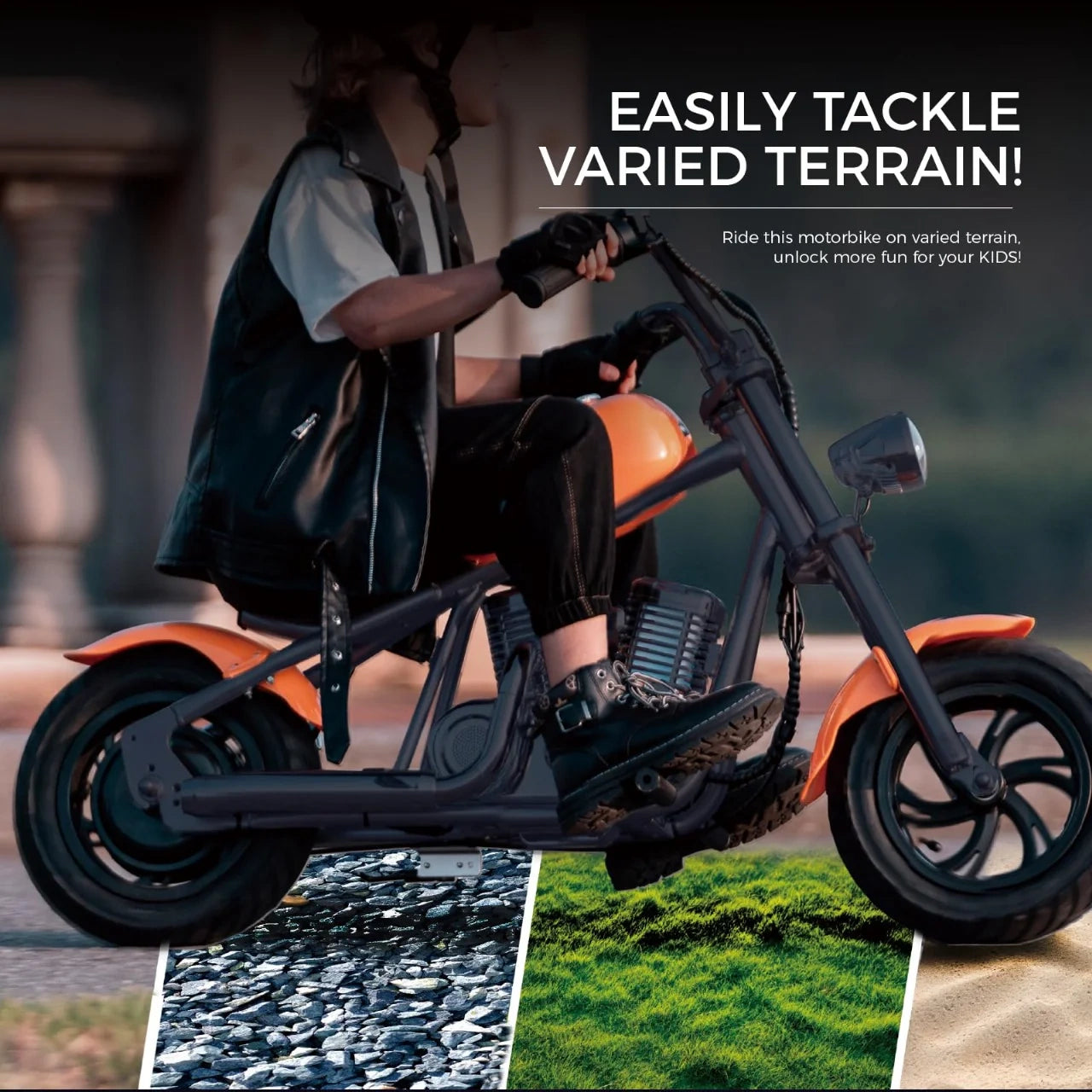 Person riding a motorbike on various terrains with text highlighting its versatility.