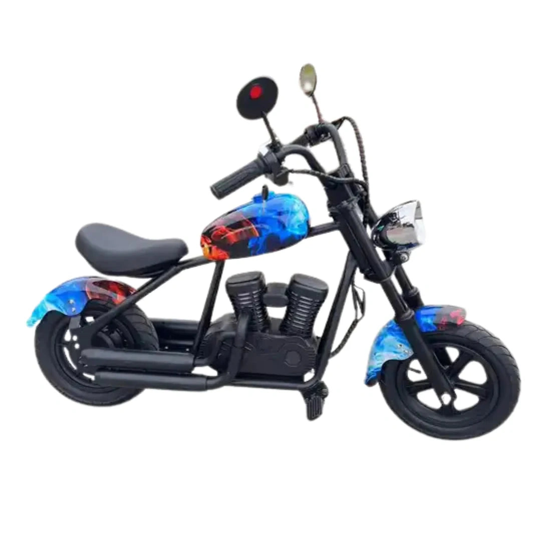 Black toy motorcycle with colorful accents on a white background