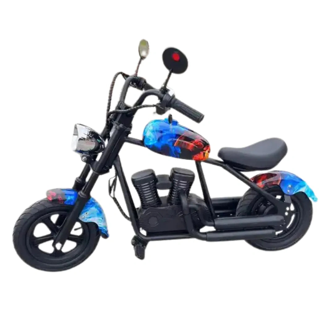 Small black motorcycle model with colorful accents on a white background
