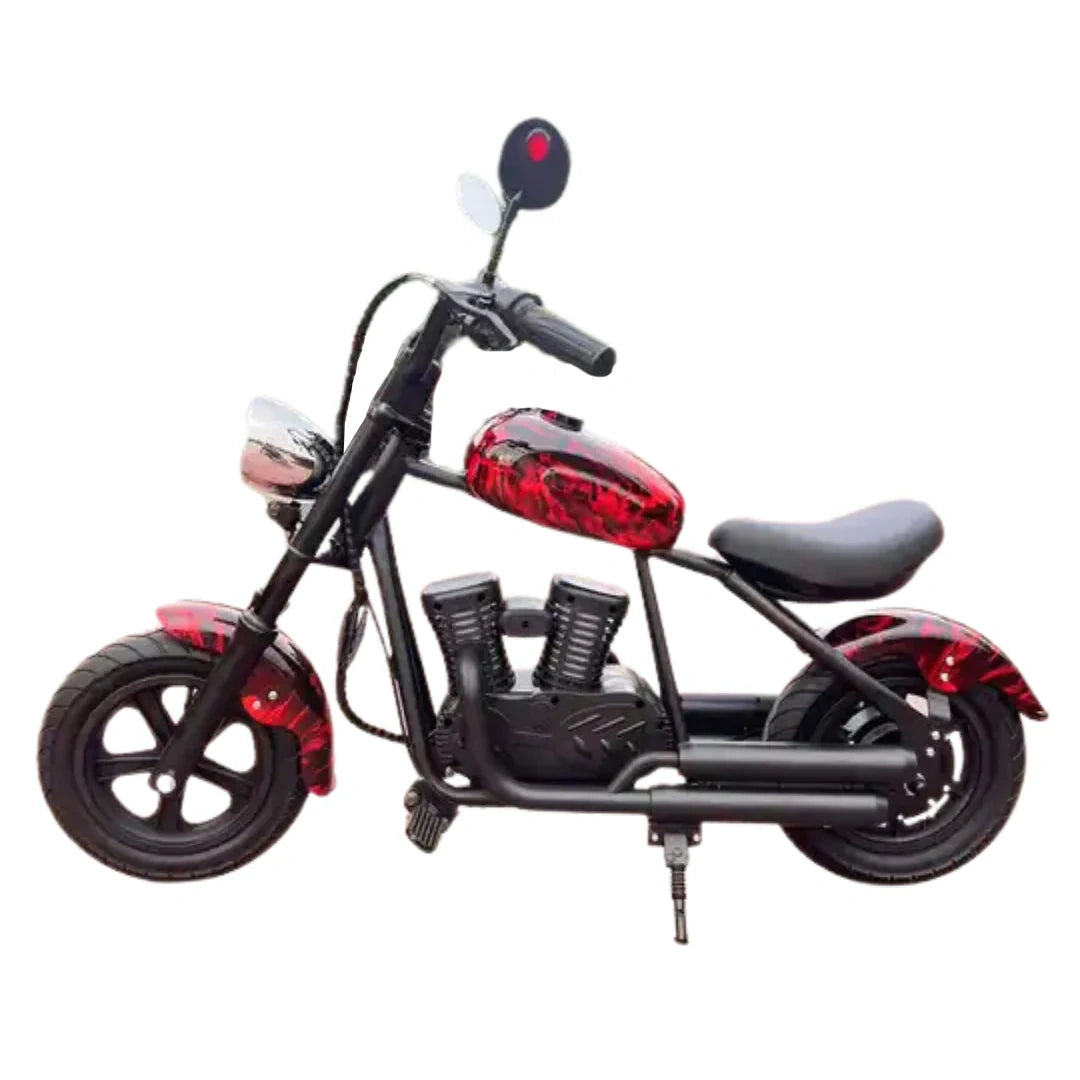 Black and red motorcycle toy on a white background