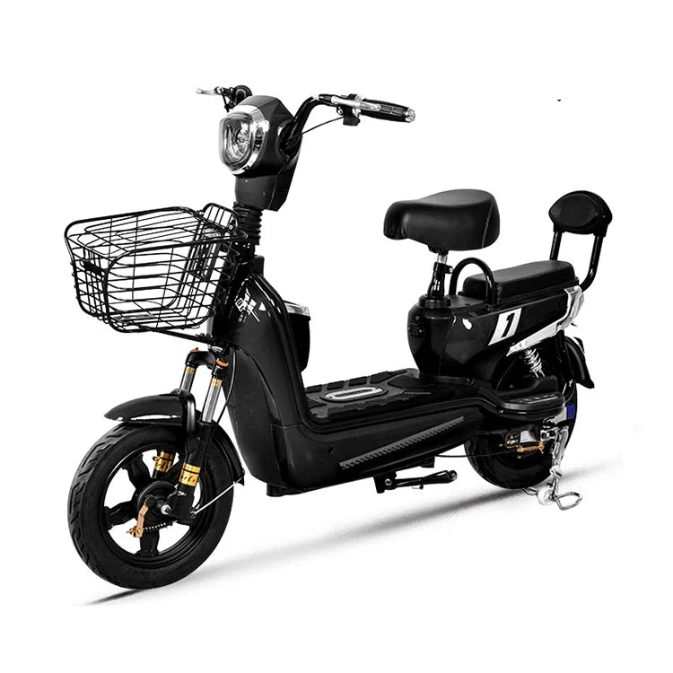 Black electric scooter with a basket on a white background