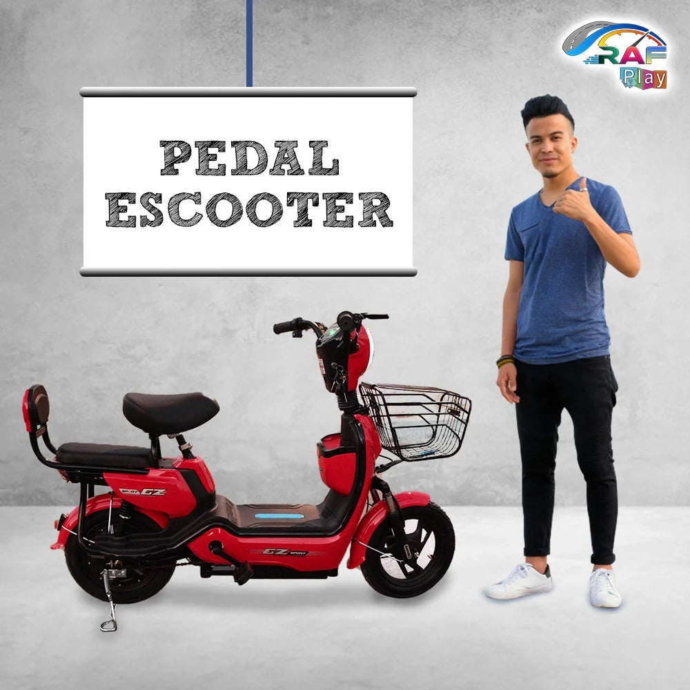 Red pedal scooter with a person giving a thumbs-up gesture against a gray background with 'PEDAL ESCOOTER' text.