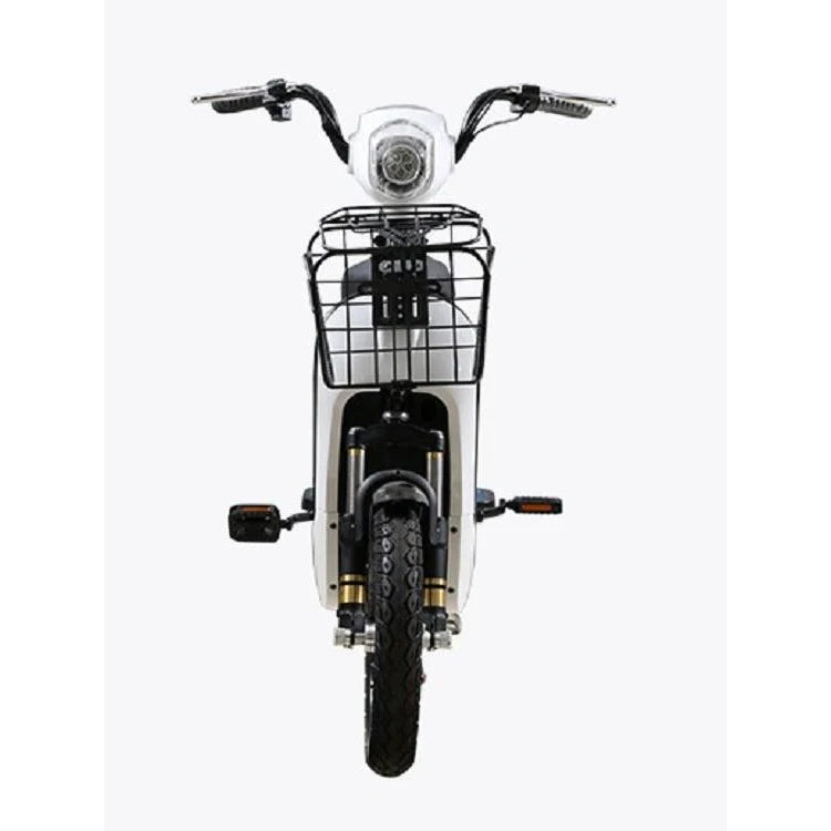 Front view of a white electric bike with black components on a white background
