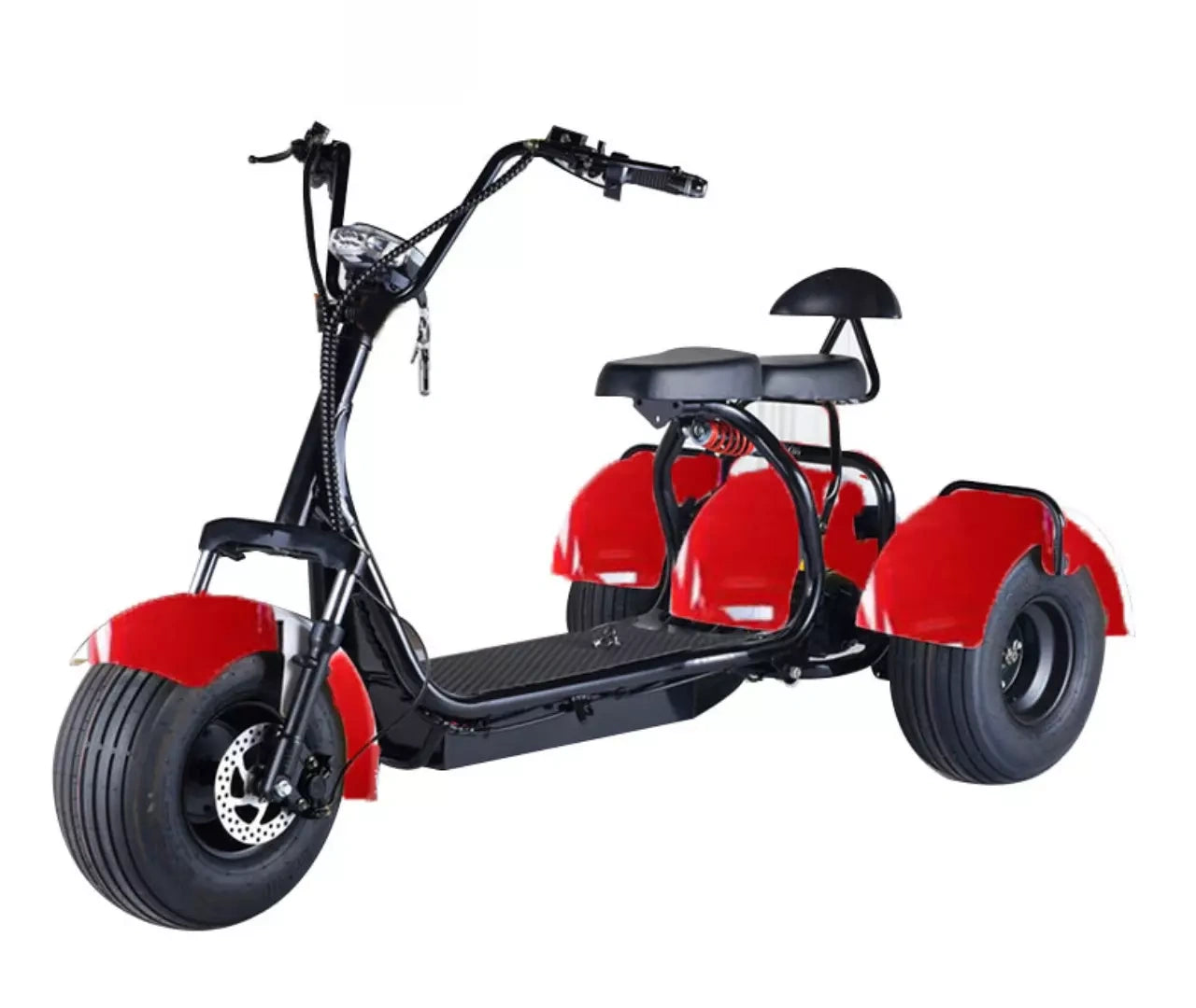 Red and black three-wheeled electric scooter on a white background
