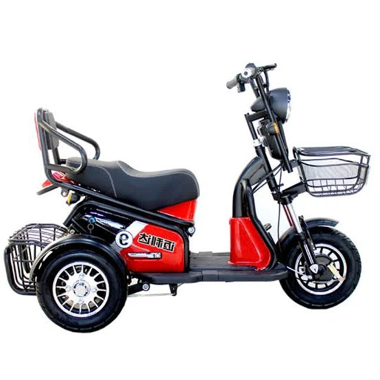 Red and black three-wheeled electric scooter with a basket on a white background