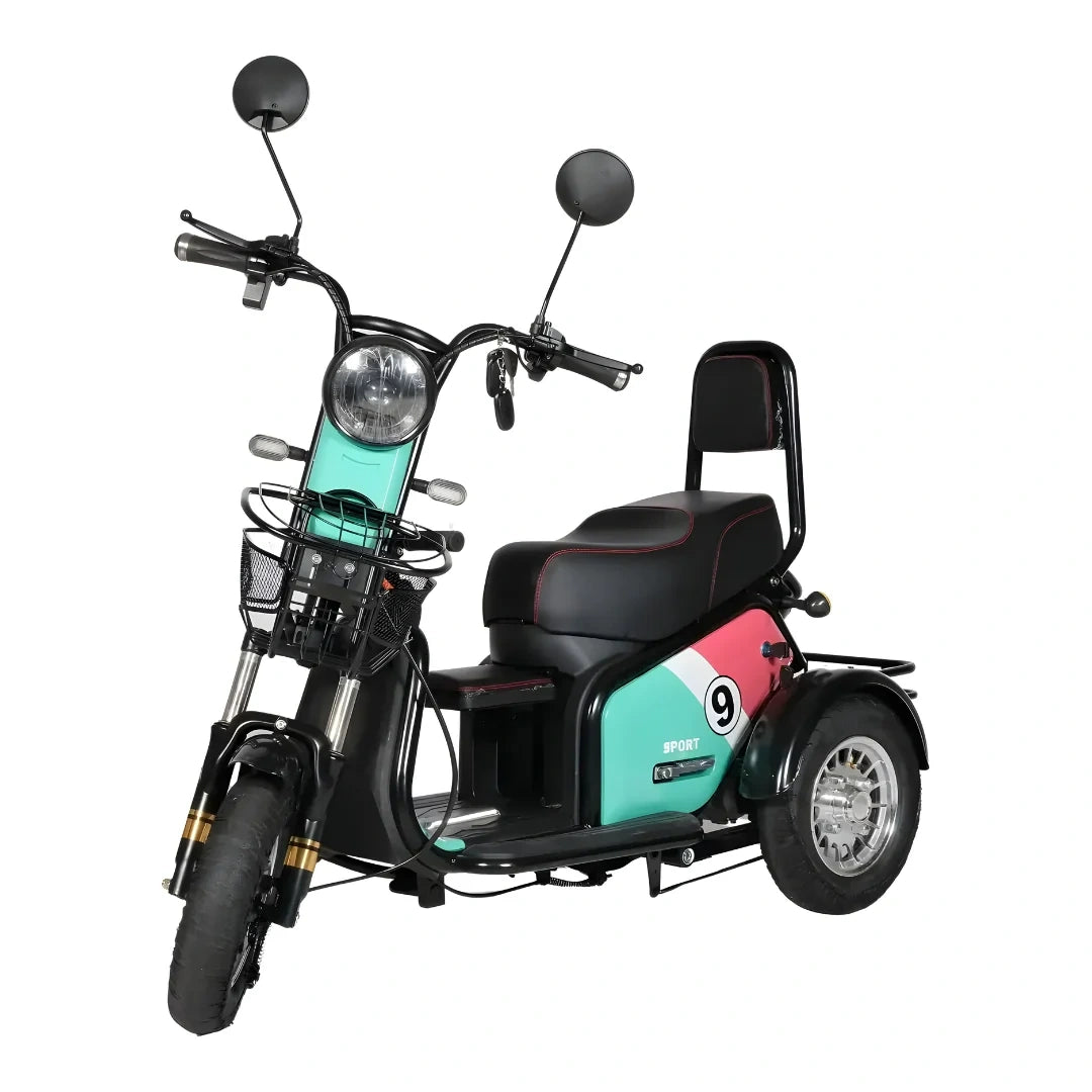Three-wheeled electric scooter with a black seat and teal body on a white background