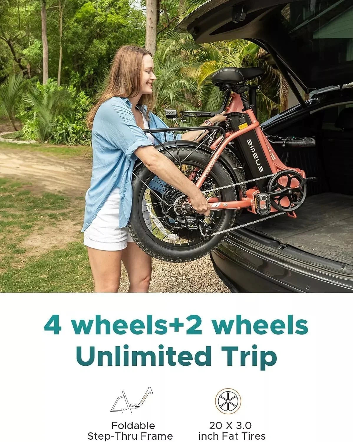 Woman loading a foldable bike onto a car trunk with text about bike features.
