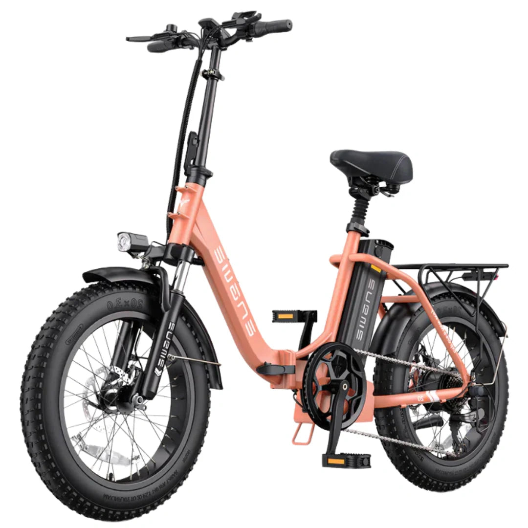 Orange electric bike with black components on a white background