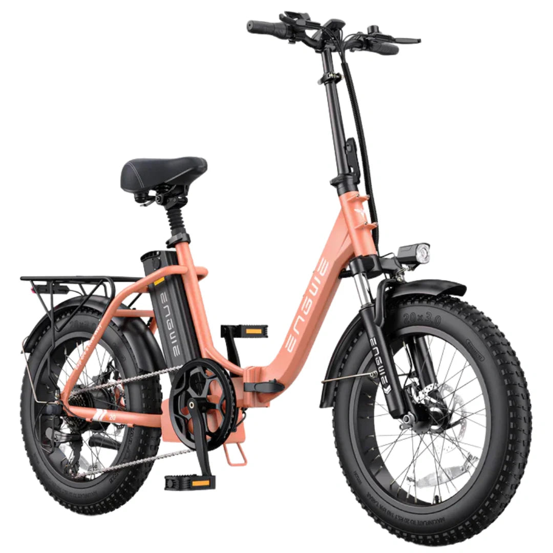 Orange electric bike with black components on a white background
