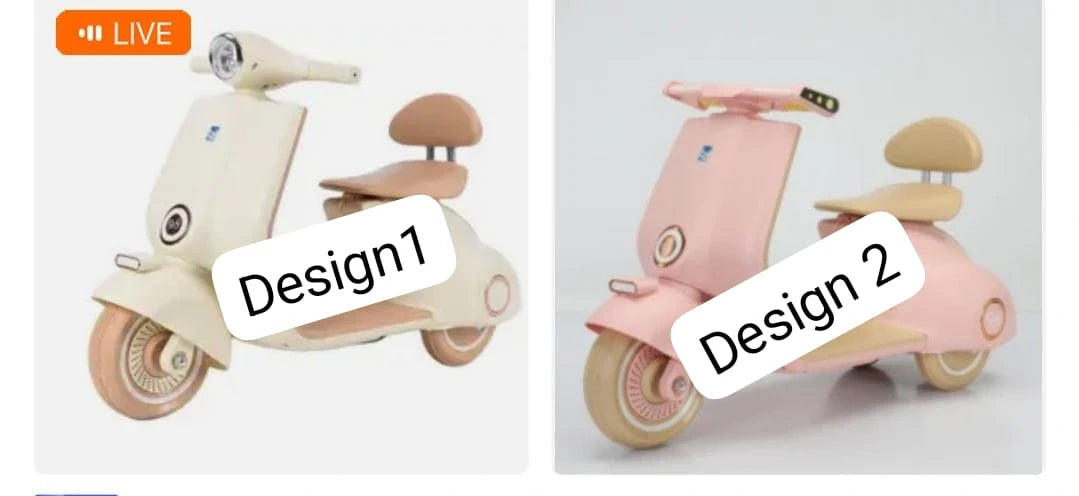 Two toy scooters labeled 'Design 1' and 'Design 2' on a light gray background.