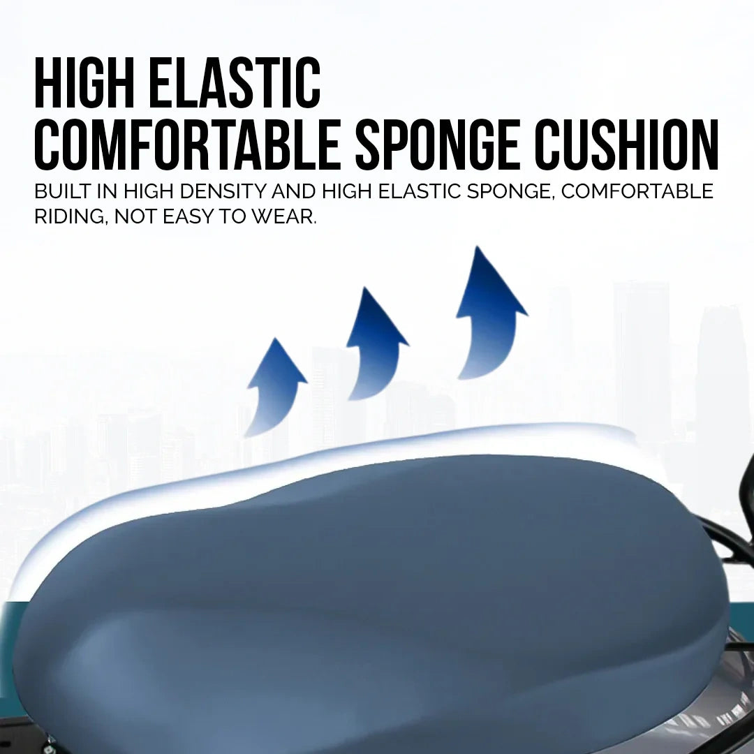 Blue sponge cushion with text highlighting its features on a white background