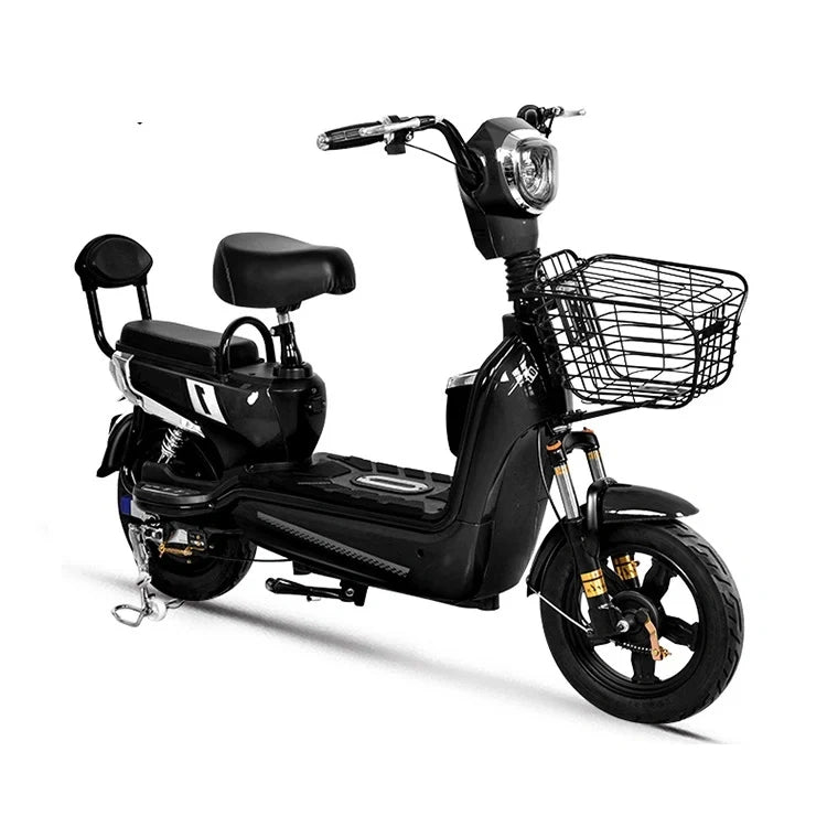Black electric scooter with a basket on a white background