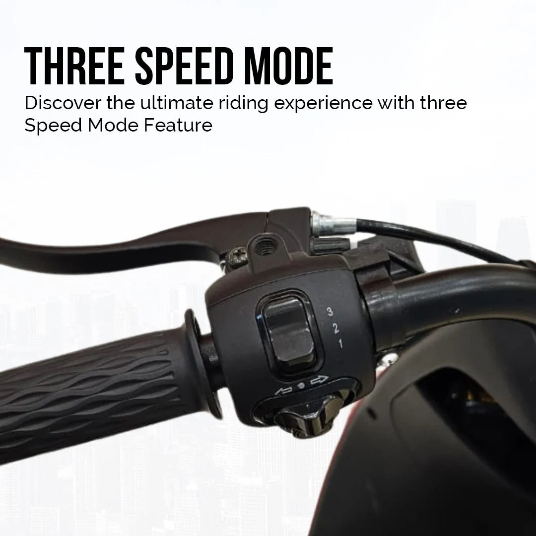Close-up of motorcycle handlebar with speed control switch and text about three speed mode feature.