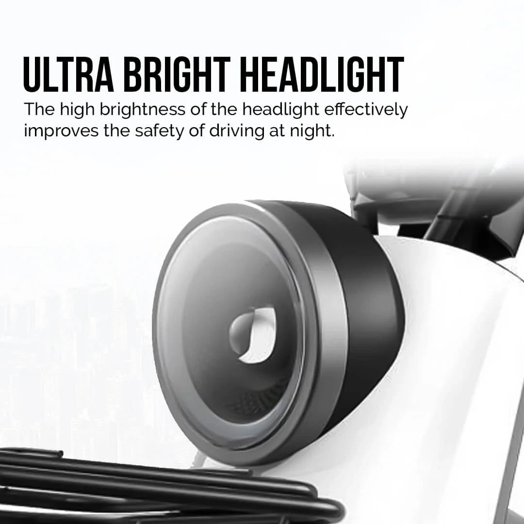 Ultra bright headlight with text highlighting its safety benefits on a white background