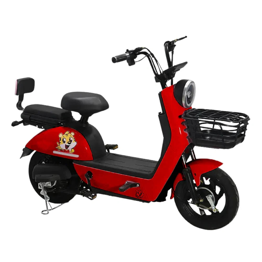 Red electric scooter with a black seat and basket on a white background