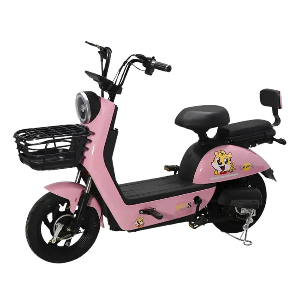 Pink electric scooter with a cartoon character on a white background