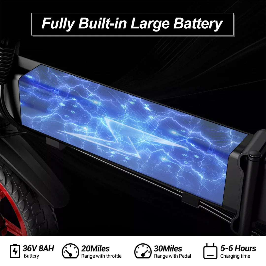 Battery pack with blue lightning design on a black background, featuring text and icons about battery specifications.