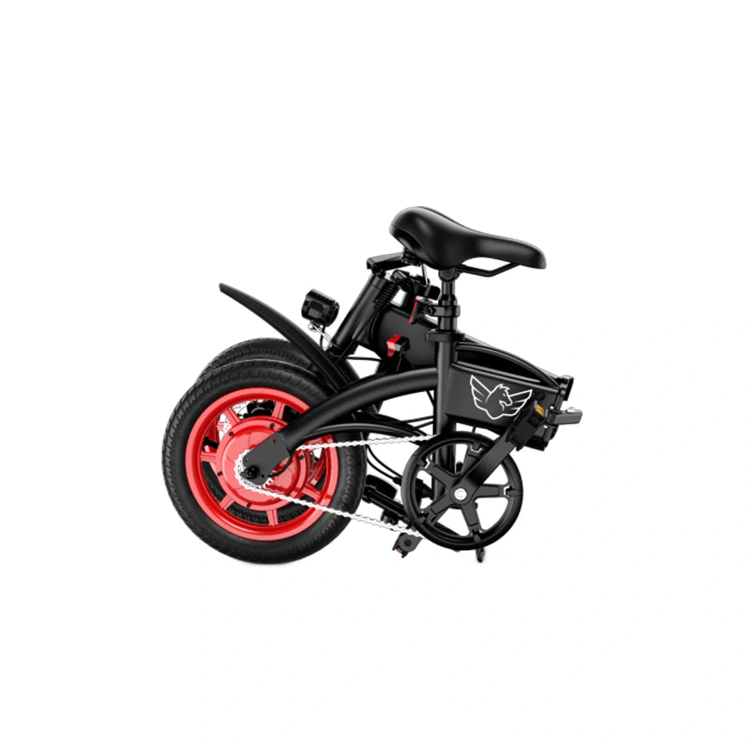 Black folding bike with red wheels on a white background