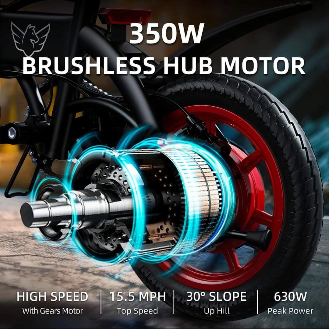 Close-up of an electric bike's brushless hub motor with specifications displayed.