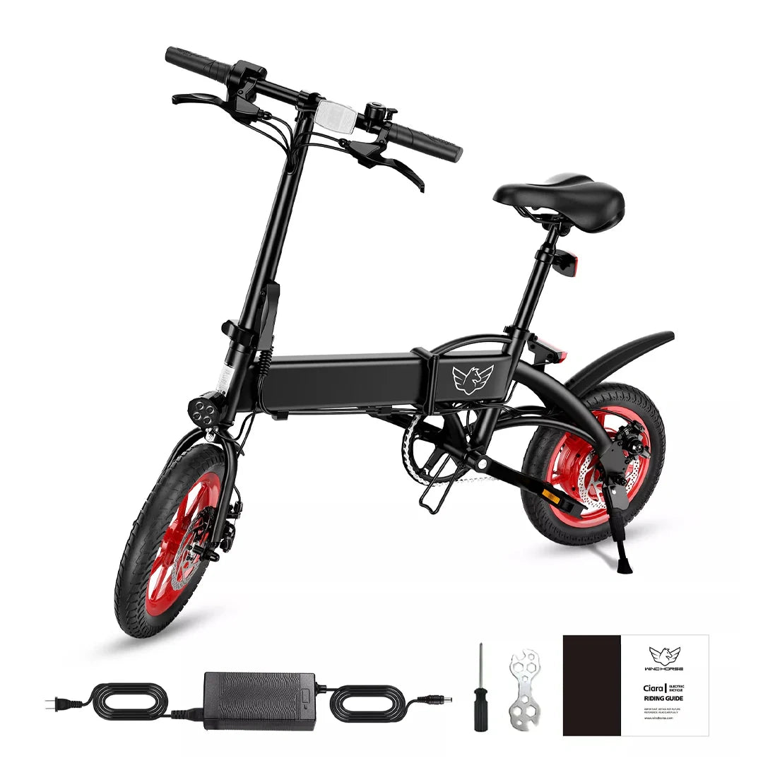 Black electric bike with red wheels and accessories on a white background