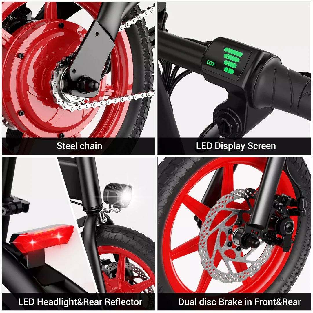 Collage of electric bike components including steel chain, LED display screen, LED headlight & rear reflector, and dual disc brakes.