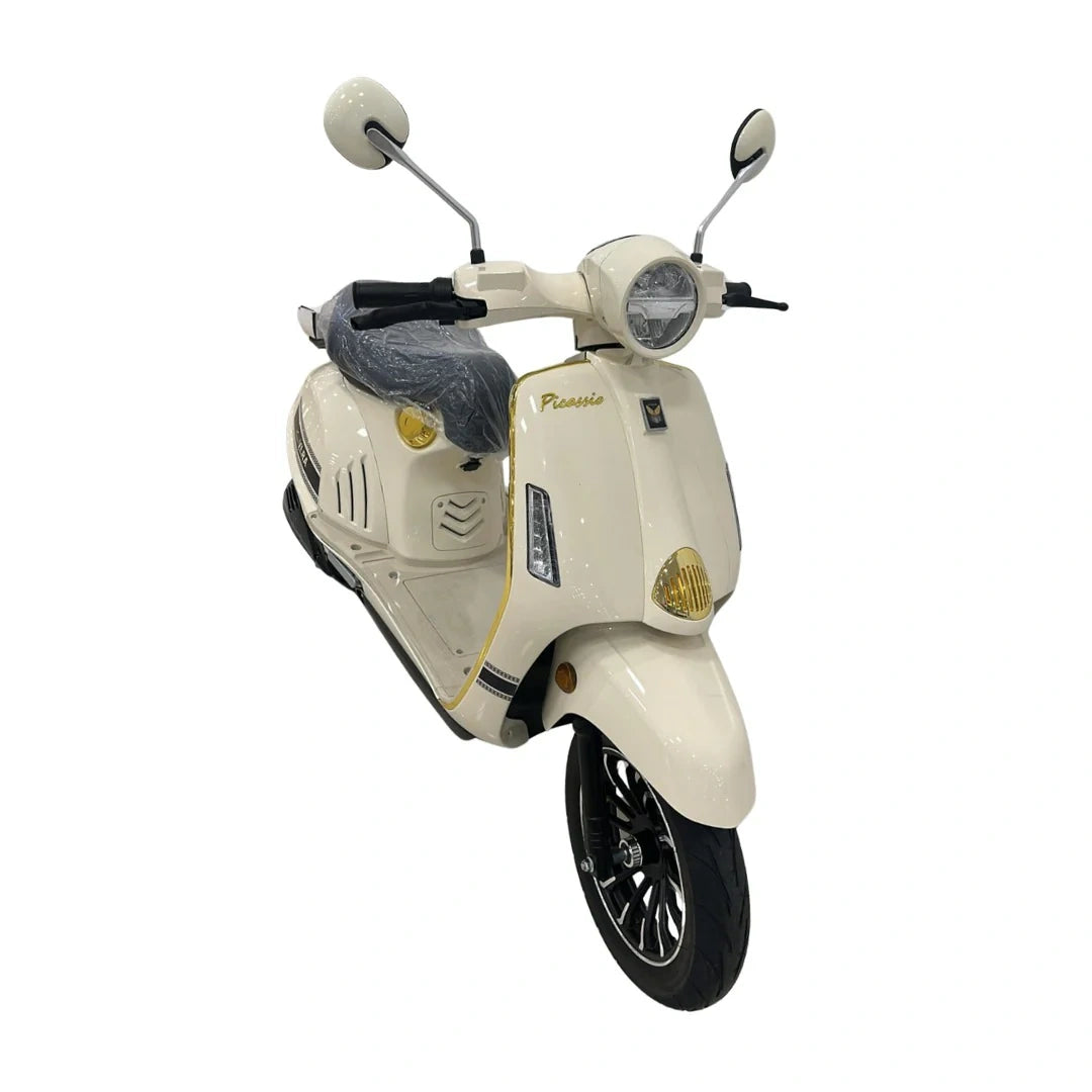 Beige scooter with a gray seat on a white background