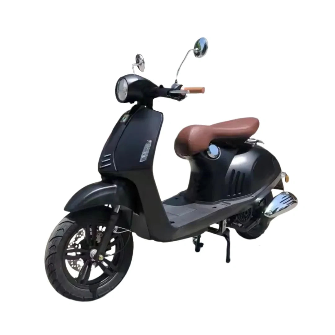 Black scooter with brown seat on a white background