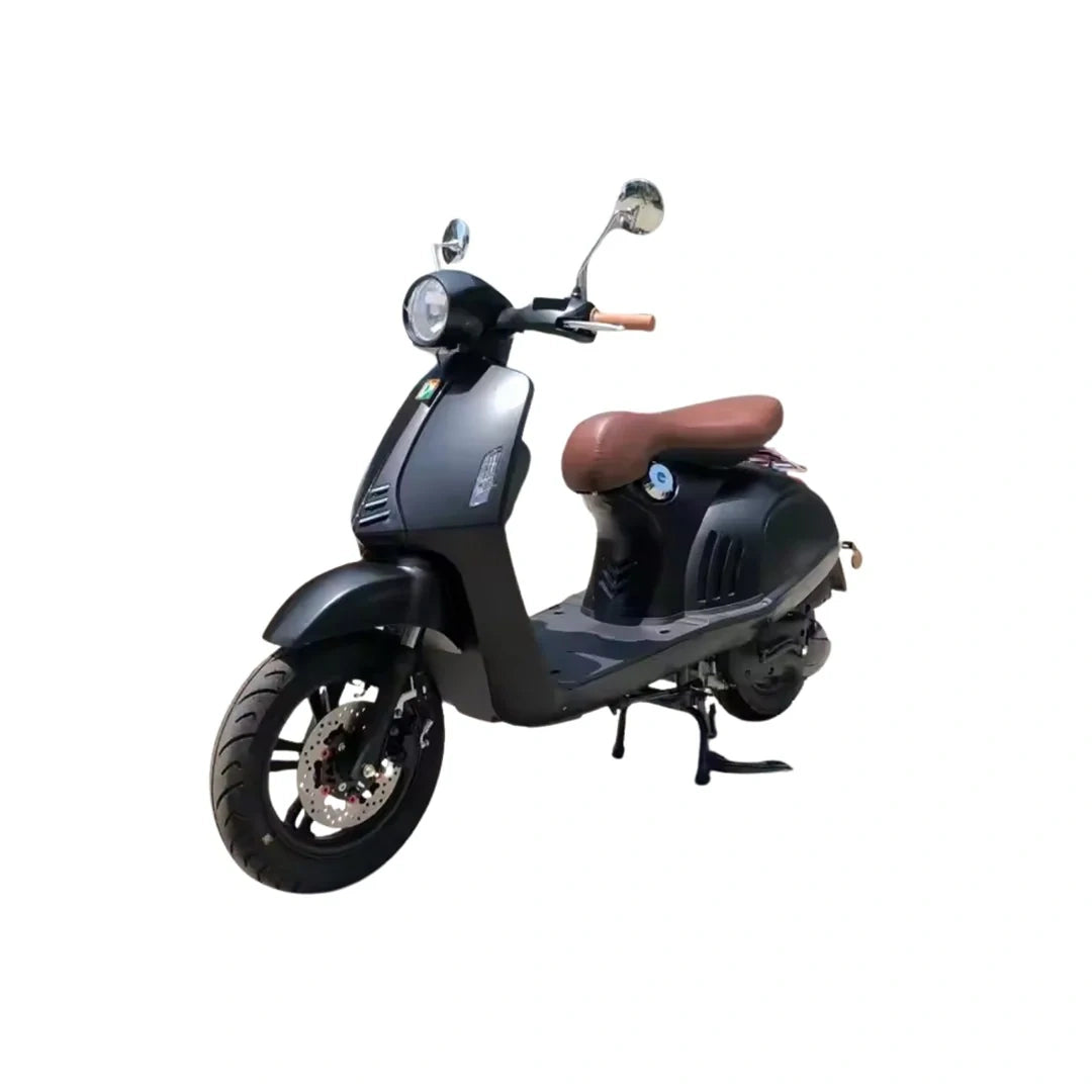 Black scooter with brown seat on a white background