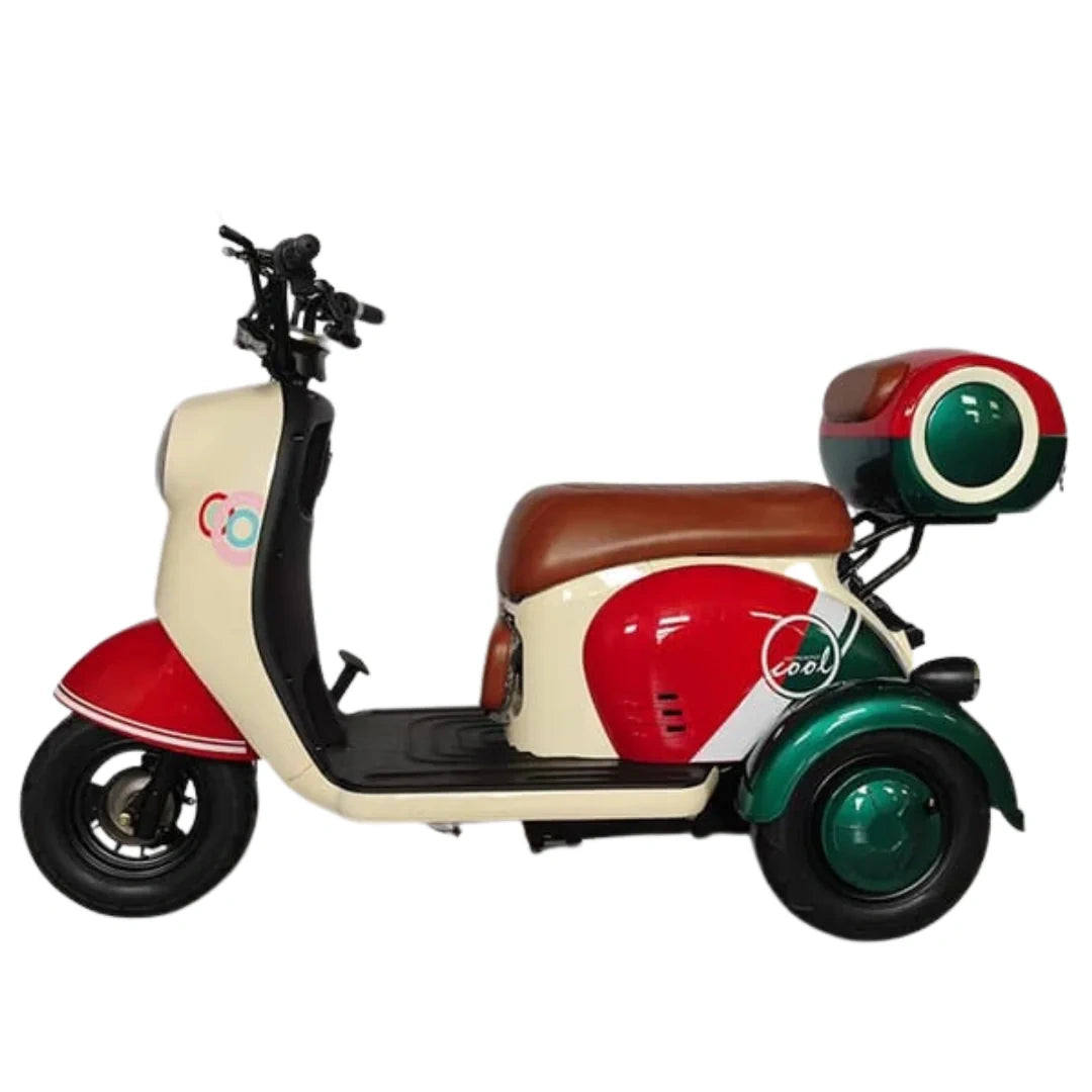 Colorful scooter with a brown seat on a white background