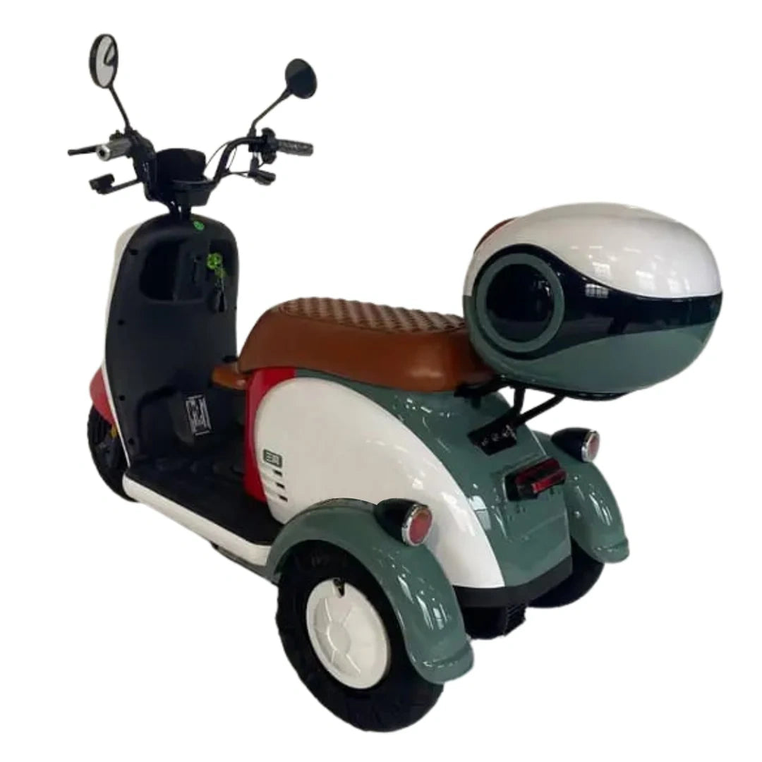 Three-wheeled scooter with a helmet on a white background