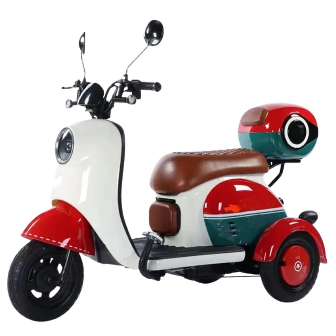 Colorful scooter with a white, red, and green design on a white background