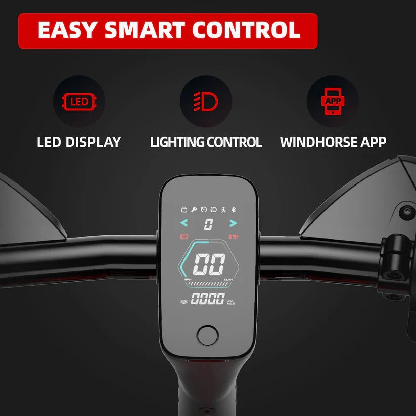 Digital display on a handlebar with LED display, lighting control, and Windhorse app features.