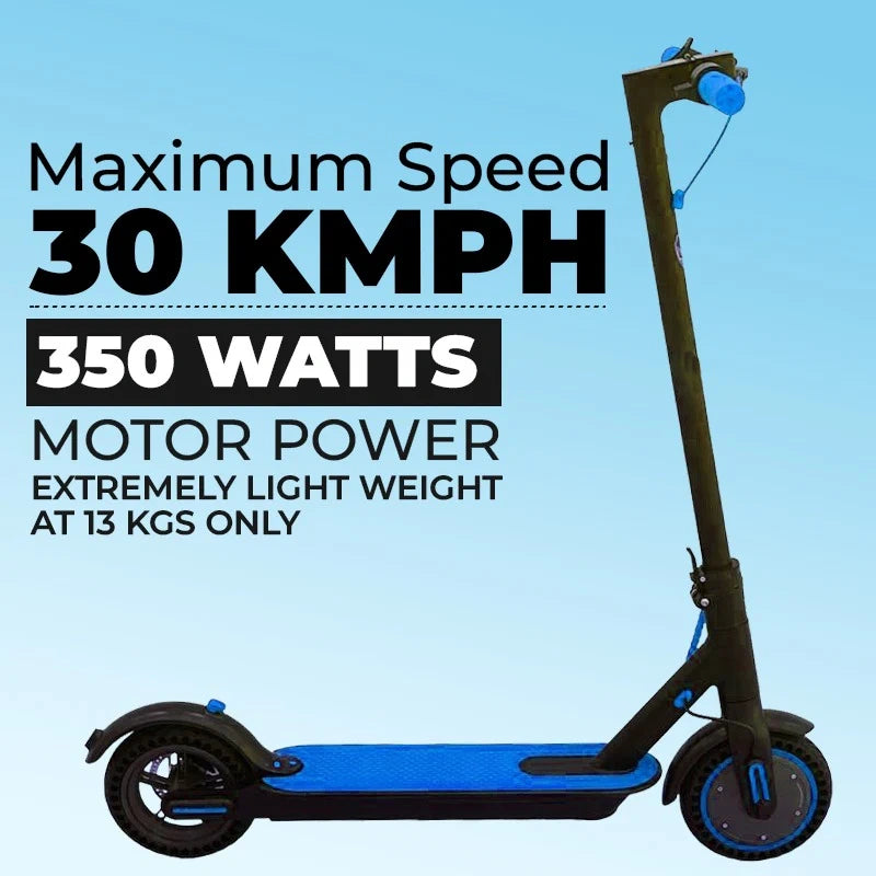 Electric scooter with specifications on a blue background