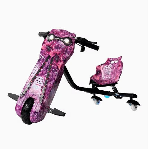 Pink and black scooter with a small pink seat on a white background