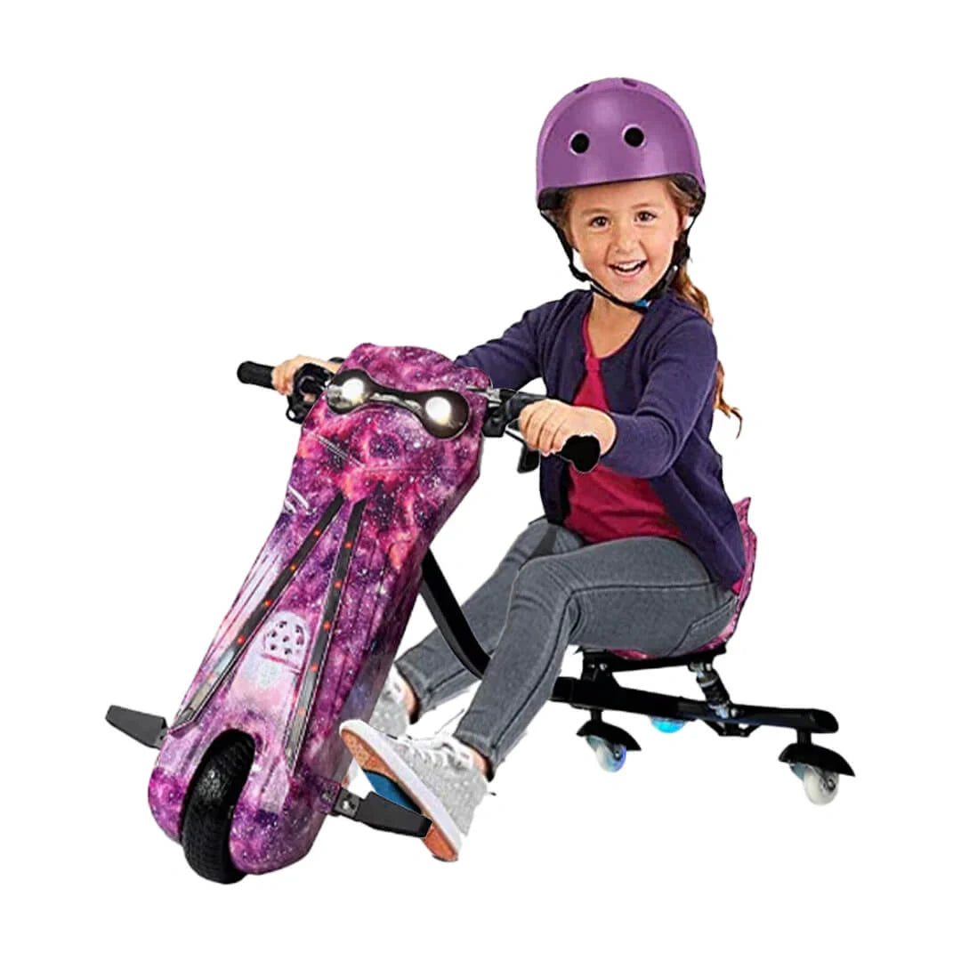 Child riding a purple scooter with a helmet on a white background