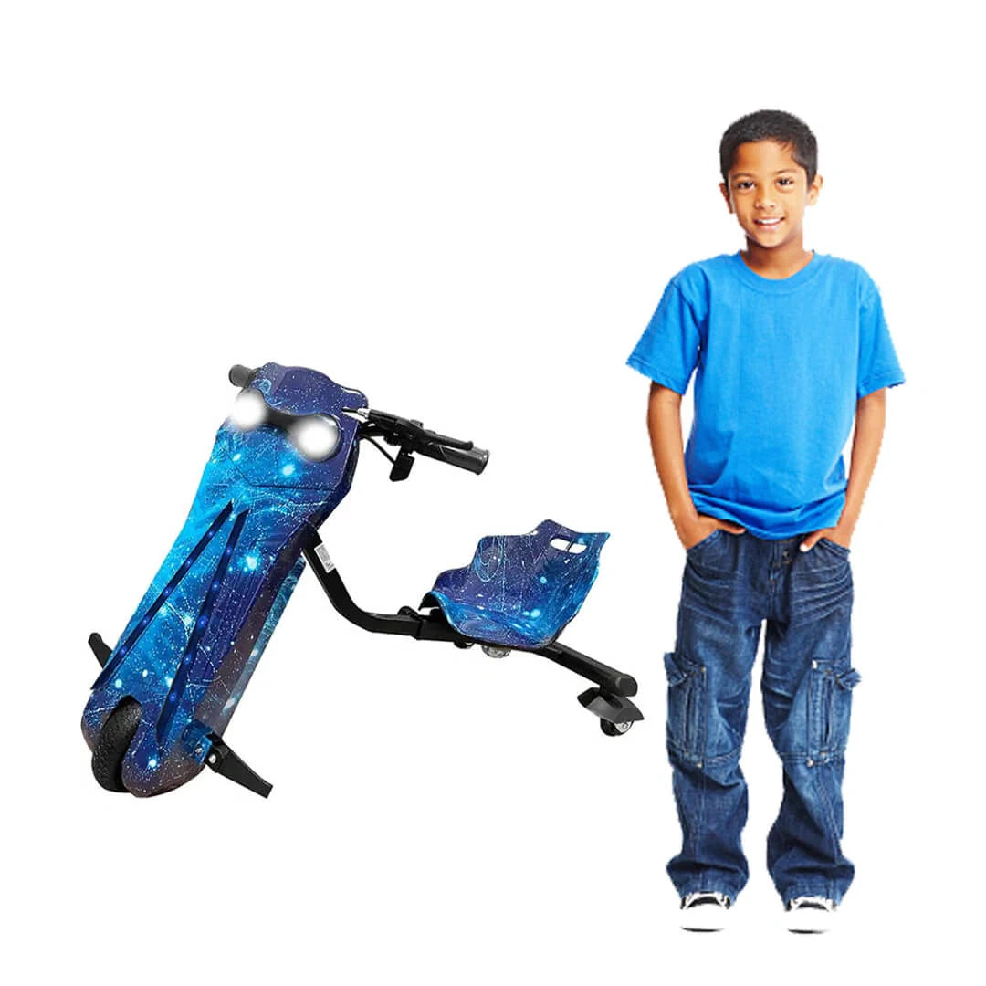 Child with a blue toy motorcycle on a white background