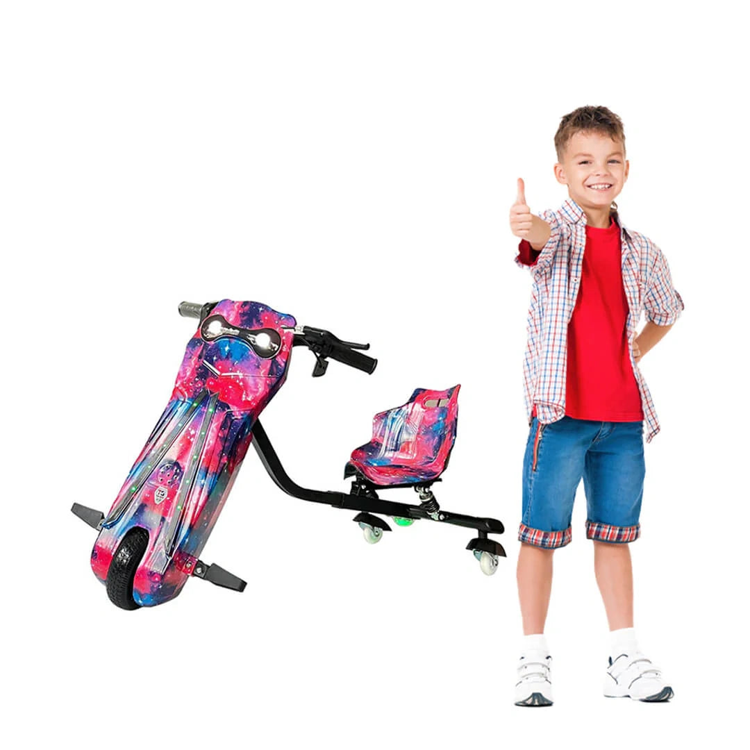 Child with a colorful scooter on a white background