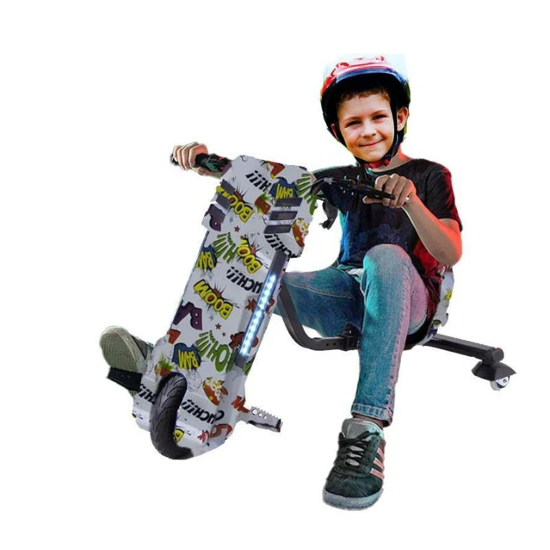 Child sitting on a scooter with a colorful design, wearing a helmet.