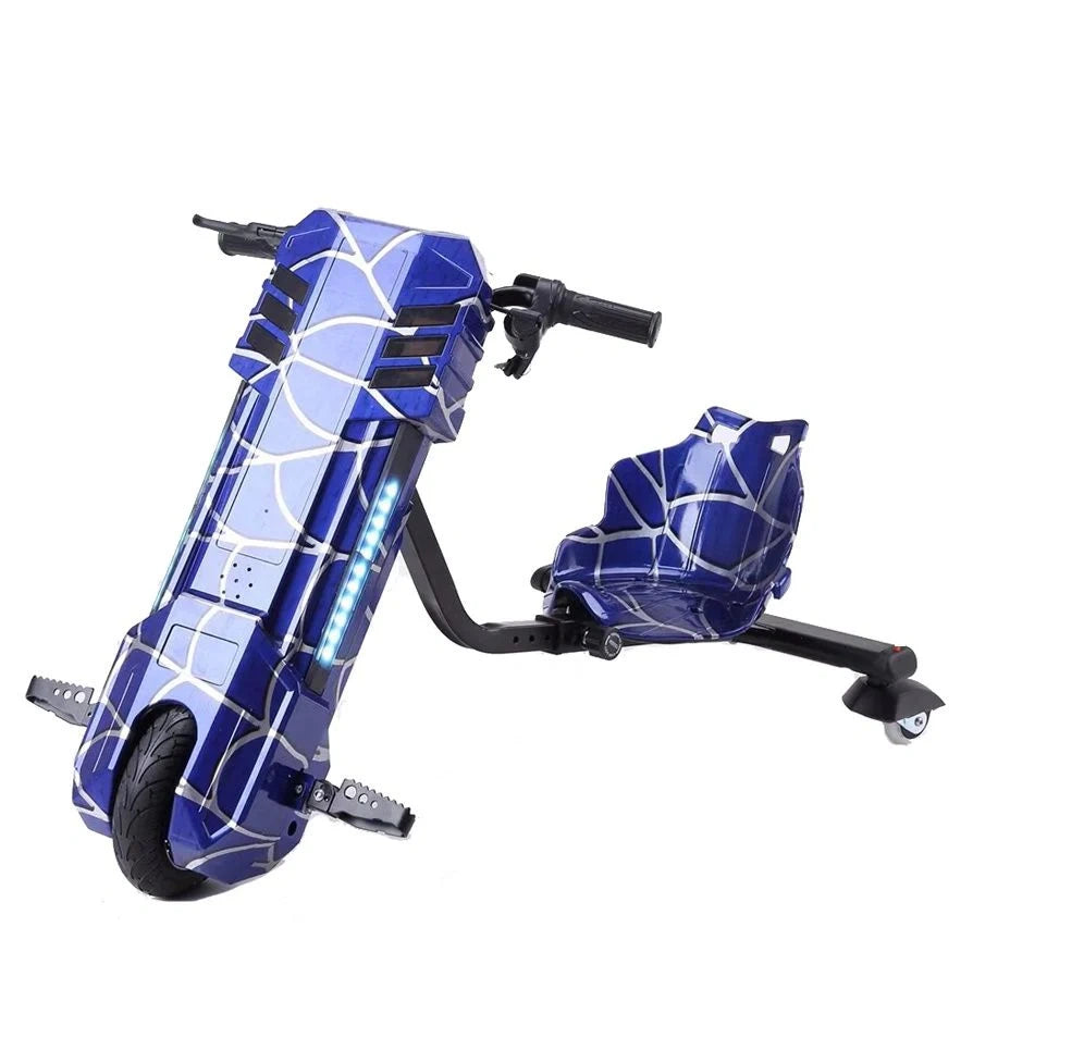 Blue children's scooter with geometric design on a white background