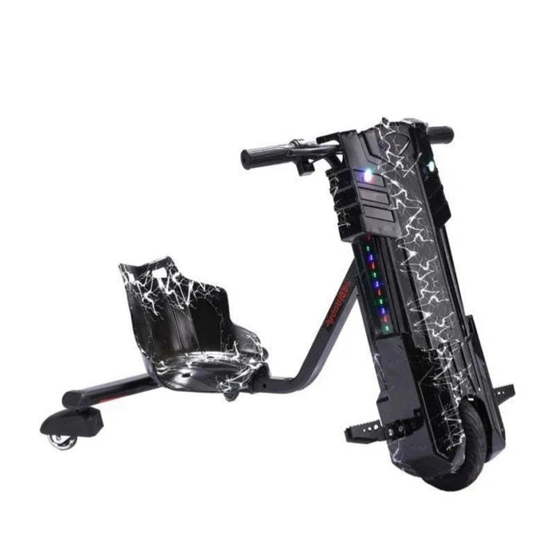 Black scooter with colorful LED lights on a white background