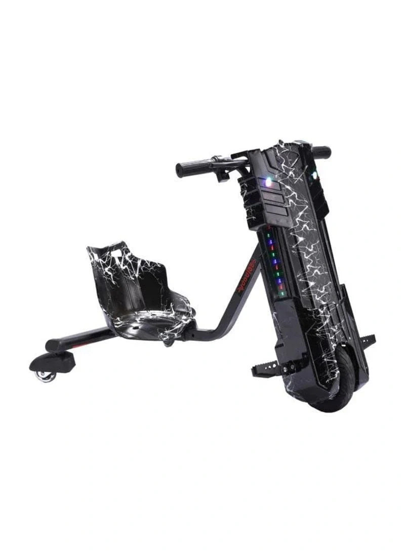 Black electric scooter with a child seat on a white background