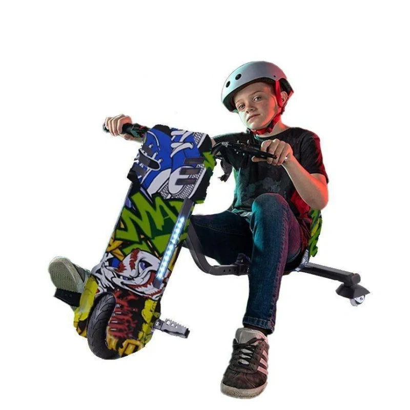 Child sitting on a colorful scooter with a helmet on a white background