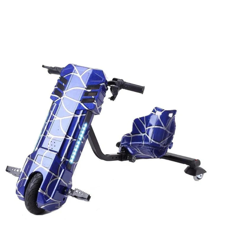 Blue and black scooter with geometric design on a white background