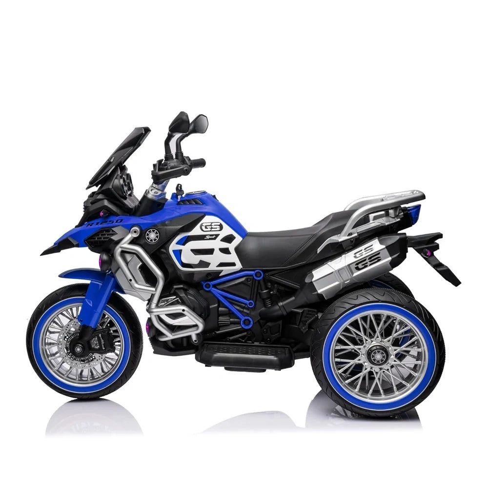 Blue and black toy motorcycle on a white background