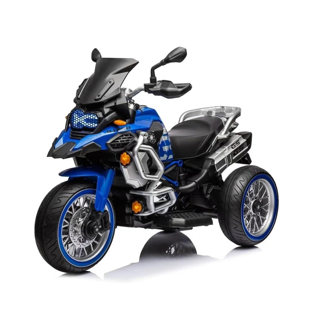 Blue and black toy motorcycle on a white background