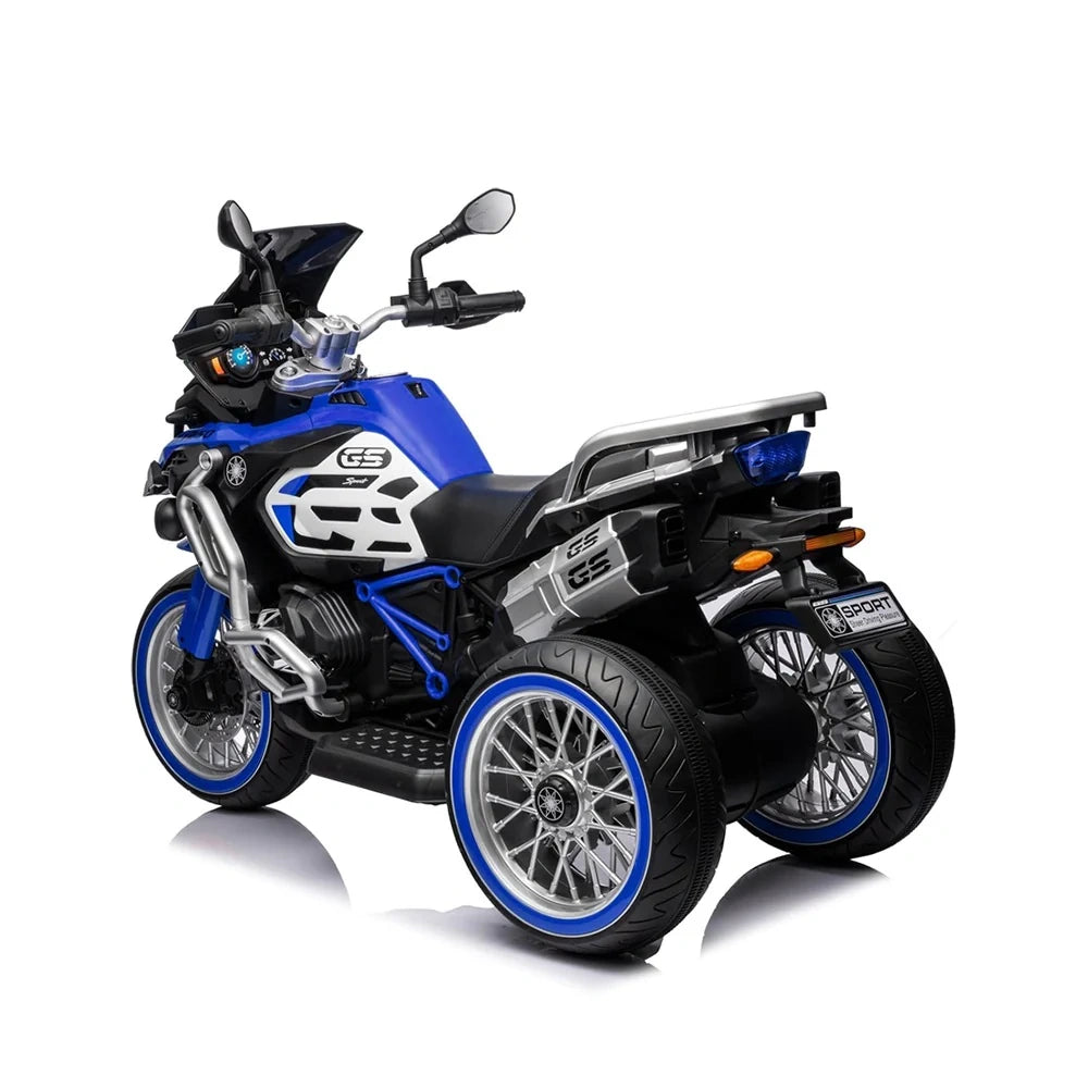 Blue and black toy motorcycle on a white background