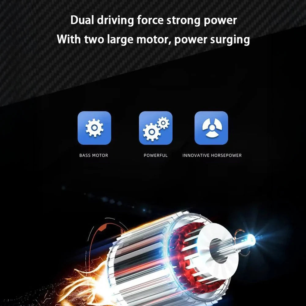 Motor with text 'Dual driving force strong power' and icons labeled 'Bass Motor', 'Powerful', and 'Innovative Horsepower' on a dark background.